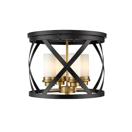 Z-Lite Malcalester 4 Light Flush Mount, Matte Black, Olde Brass & White 481F16-MB-OBR